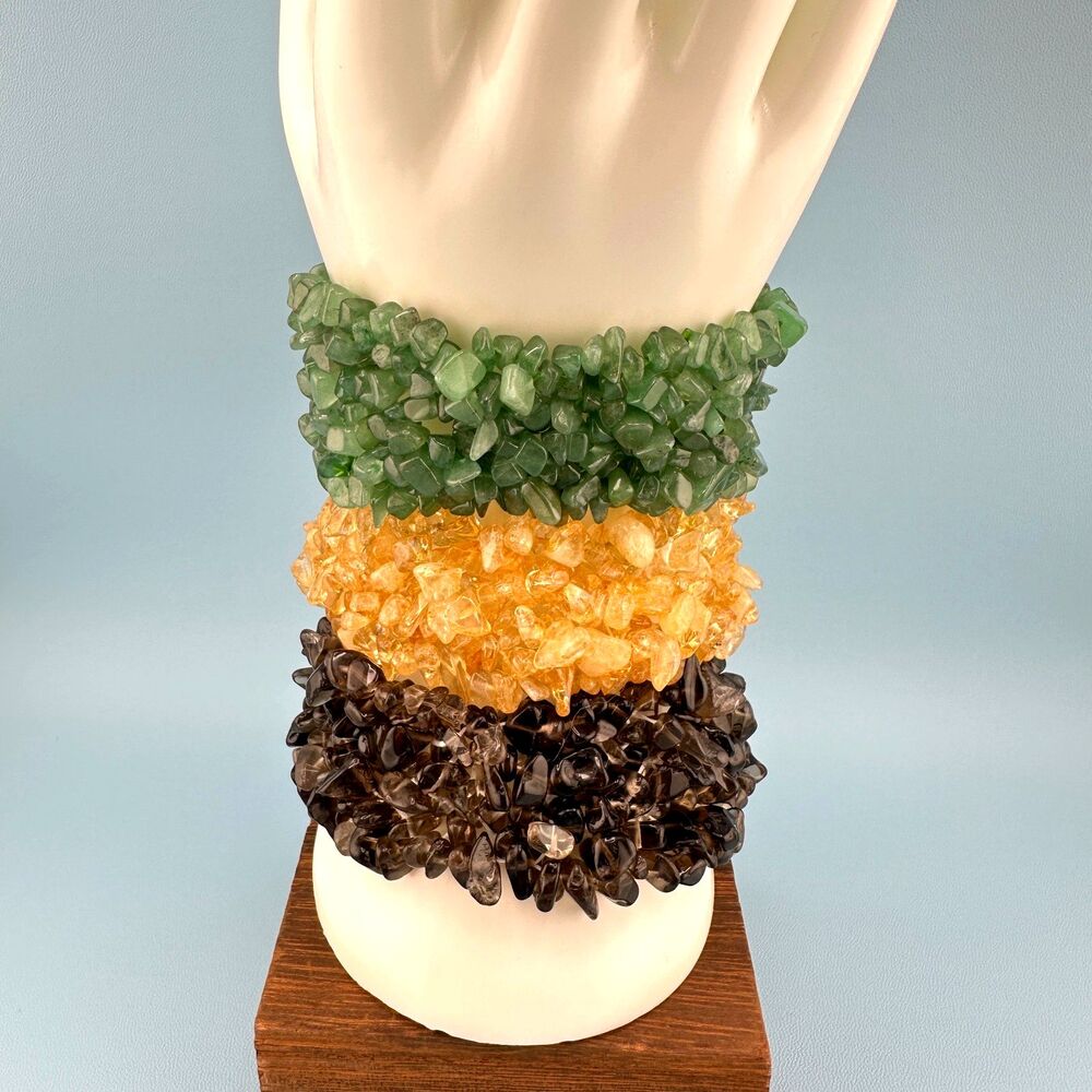 Vintage Gemstone Chip Stretch Bracelet Lot Quartz Agate Yellow Green Black Boho